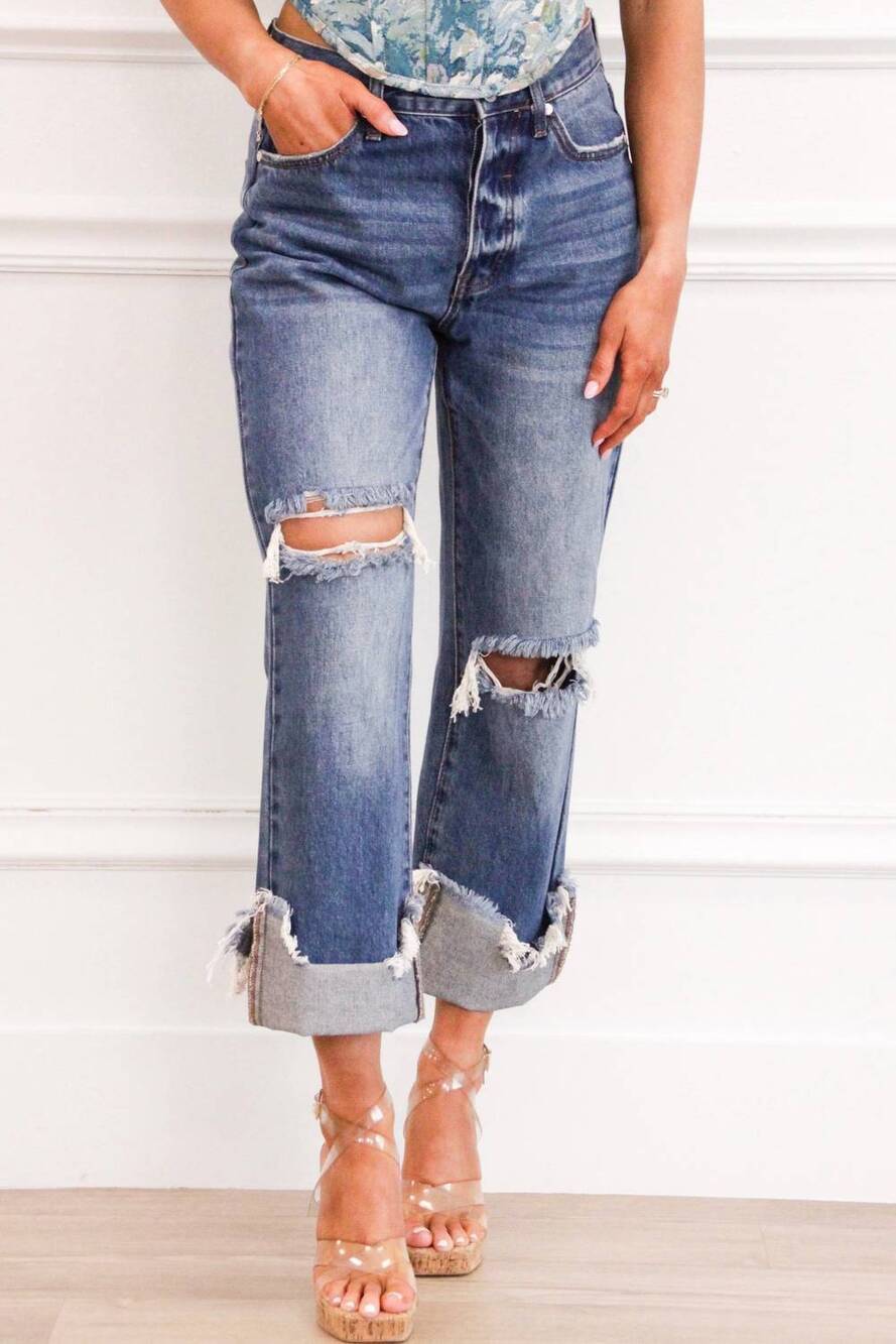 NEW SPECIAL A margot high waisted distressed cuffed jeans in dark wash